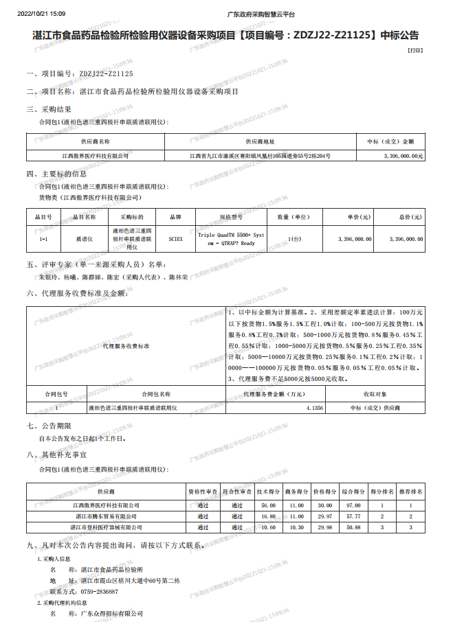湛江市食品藥品檢驗所檢驗用儀器設備采購項目【項目編號：ZDZJ22-Z21125】中標公告(圖1)